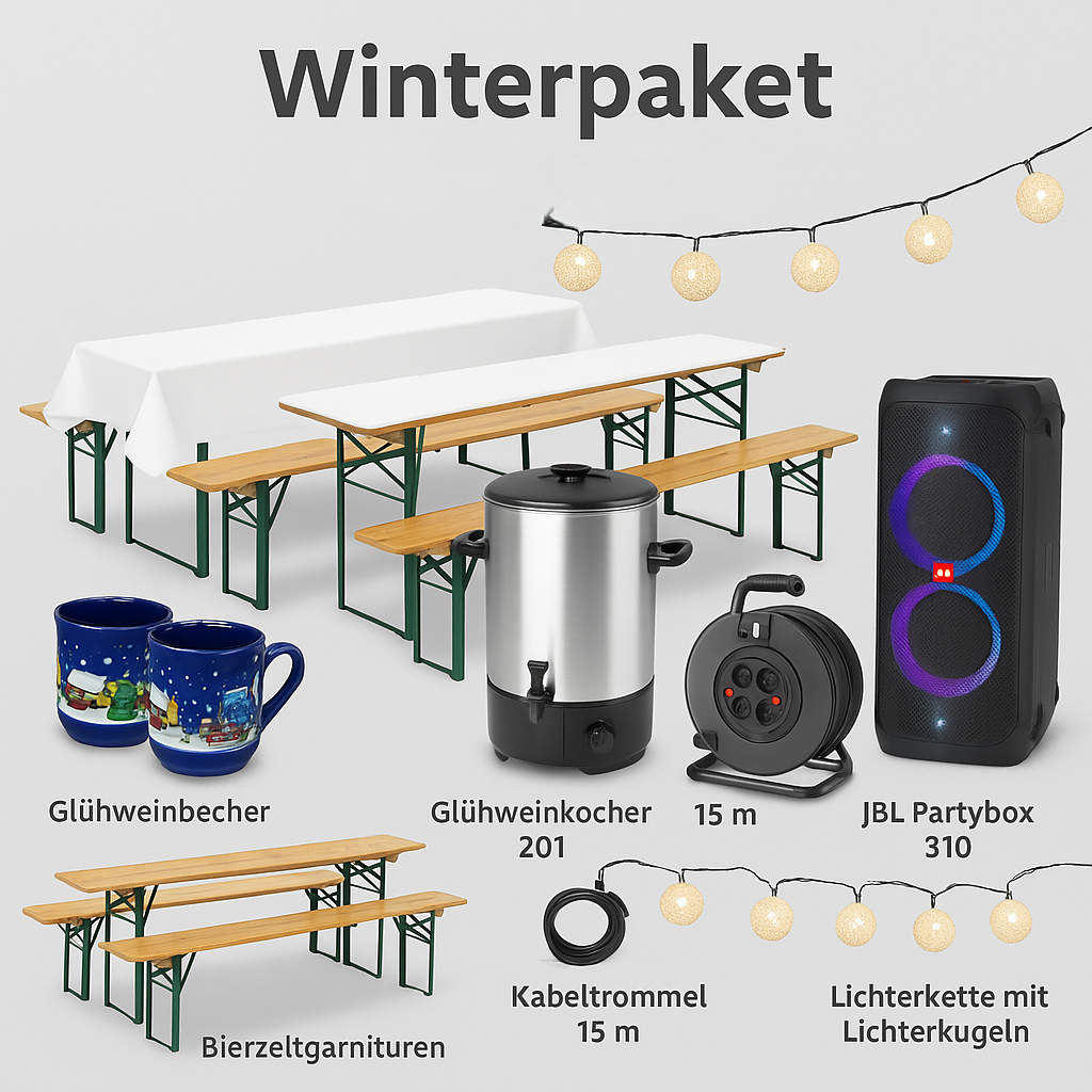 🍷🎶 Winterpaket mit Glühwein & Musik – für bis zu 24 Gäste mieten